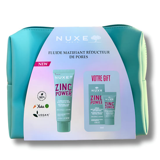 NUXE ZINC POWER - FLUIDE MATIFIANT REDUCTEUR DE PORES 40ML + SERUM ANTI IMPERFECTIONS 5ML OFFERT + TROUSSE OFFERTE