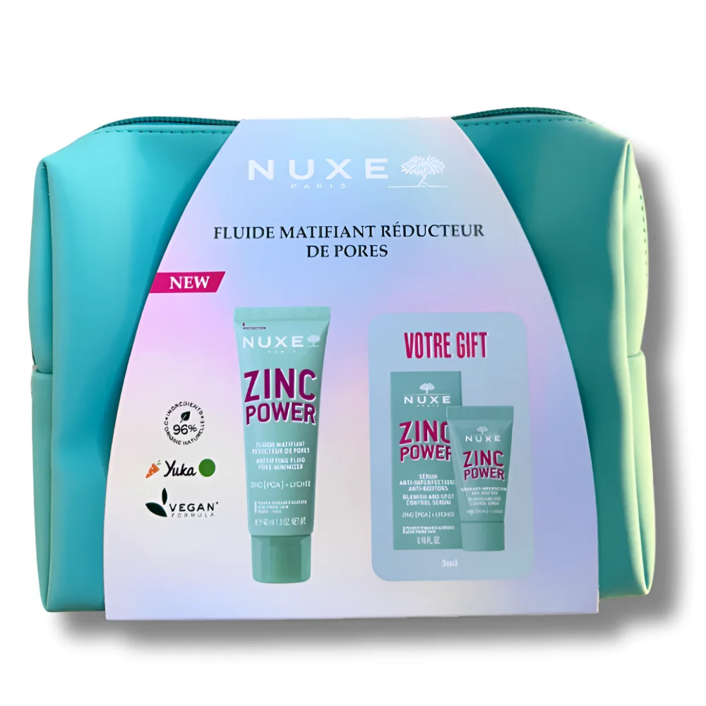 NUXE ZINC POWER - FLUIDE MATIFIANT REDUCTEUR DE PORES 40ML + SERUM ANTI IMPERFECTIONS 5ML OFFERT + TROUSSE OFFERTE