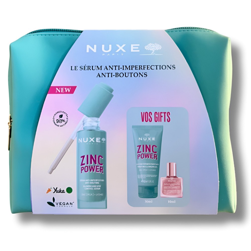 NUXE ZINC POWER - SERUM ANTI IMPERFECTIONS + GELLEE NETTOYANTE, HUILE OR FLORALE 10ML ET TROUSSE OFFERTS