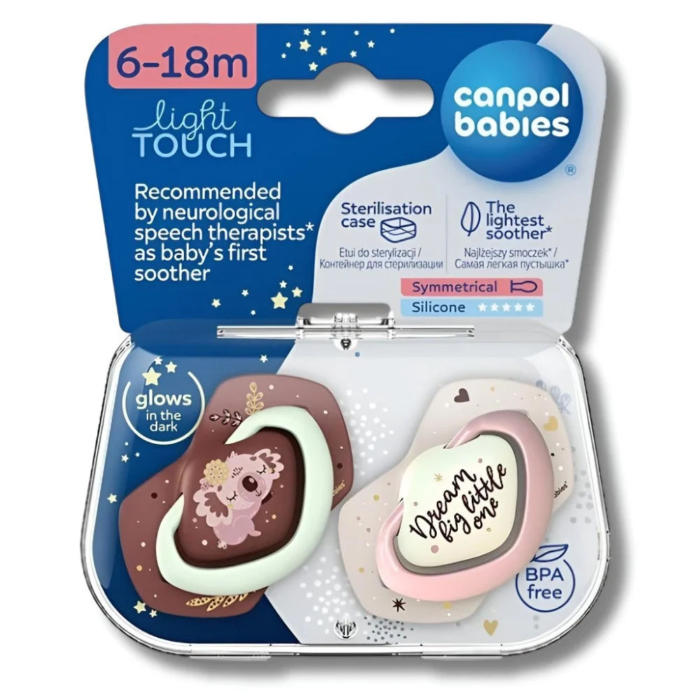 CANPOL BABIES - LOT DE 2 SUCETTES LIGHT TOUCH 6-18MOIS SYMÉTRIQUE BRILLE DANS LE NOIR SLEEPY KOALA ROSE 22/659