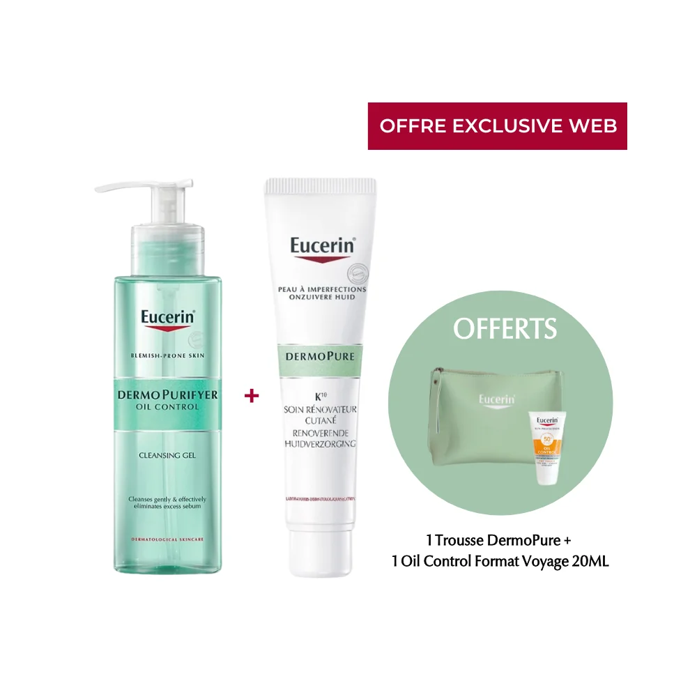 EUCERIN - PACK DERMOPURE : GEL NETTOYANT + K10 SOIN RENOVATEUR CUTANE + TROUSSE ET OIL CONTROL 20ML OFFERTS