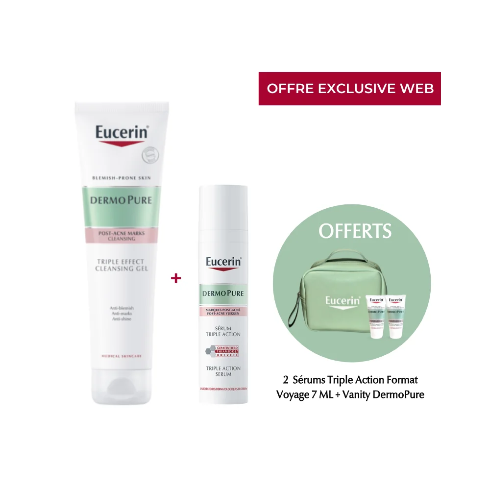 EUCERIN - PACK DERMOPURE MARQUE POST ACNE : GEL TRIPLE ACTION + SERUM + TROUSSE ET 2 SERUM TRIPLE ACTION 7ML OFFERTS