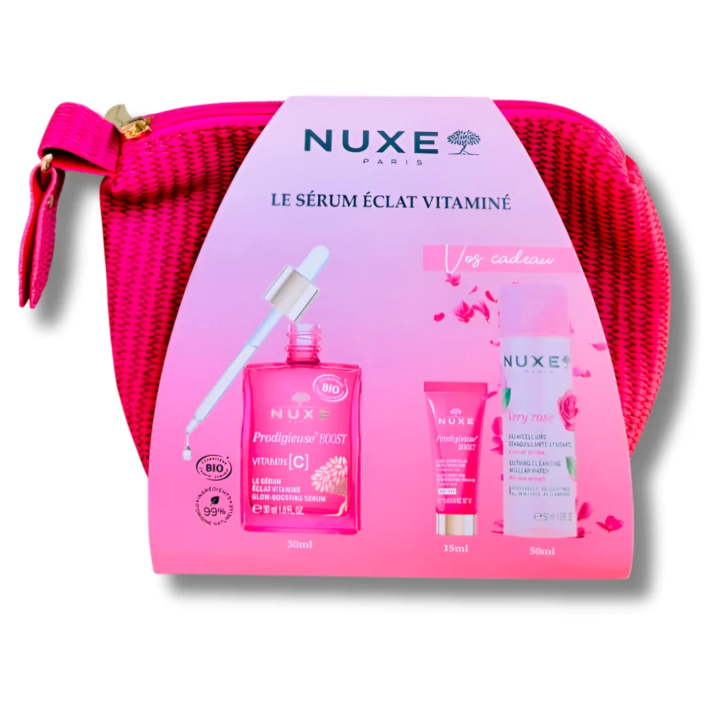 NUXE PRODIGIEUSE BOOST - SERUM VITAMINE C ECLAT 30ML + GEL CREME ECLAT 15ML, VERY ROSE EAU MICELLAIRE 50ML ET TROUSSE OFFERTS