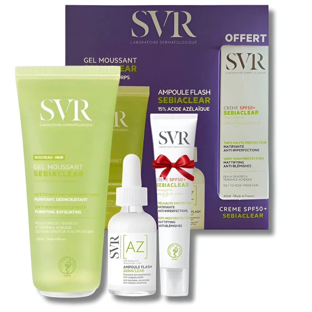 SVR COFFRET SEBIACLEAR-CREME LAVANTE 200ML+AMPOULE AZ FLASH ANTI IMPERFECTIONS 30ML+CREME SOLAIRE MATIFIANTE SPF50 40ML OFFERTE