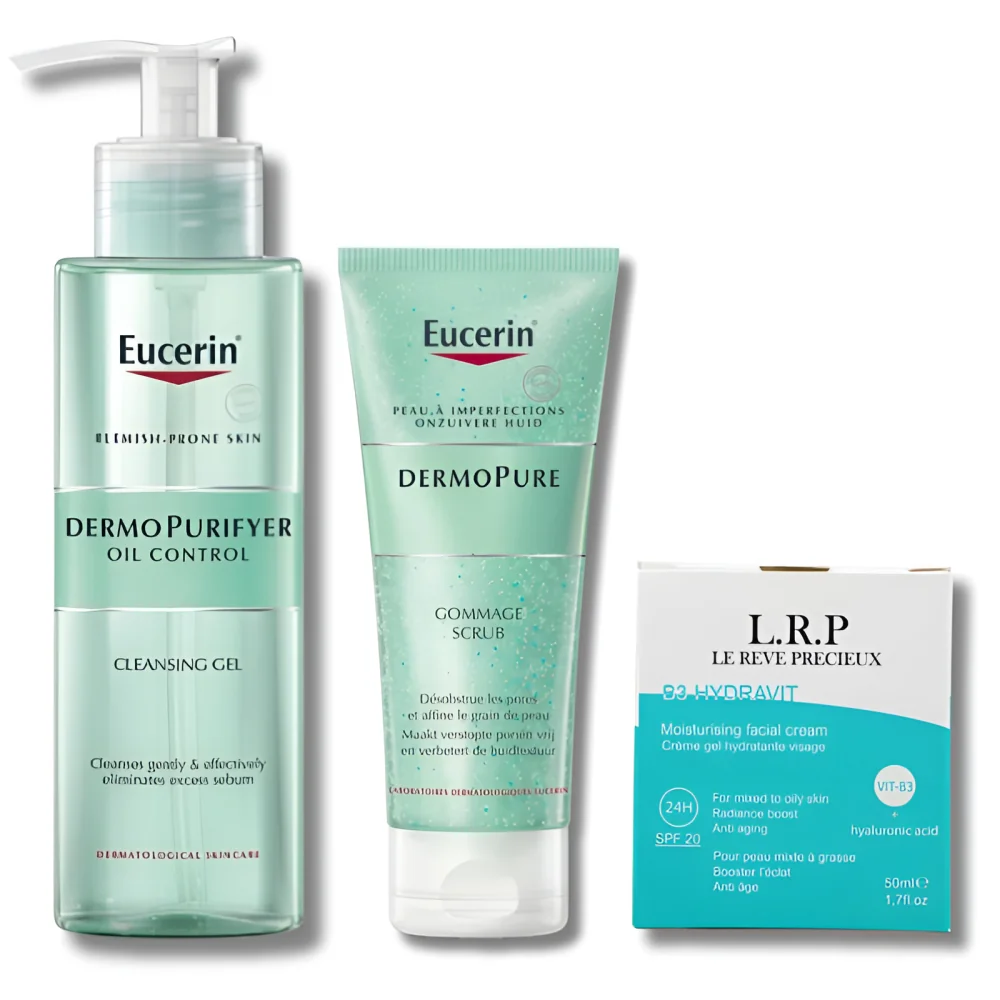 PACK - EUCERIN GEL OIL CONTROL + DERMOPURE GOMMAGE + LRP CREME B3