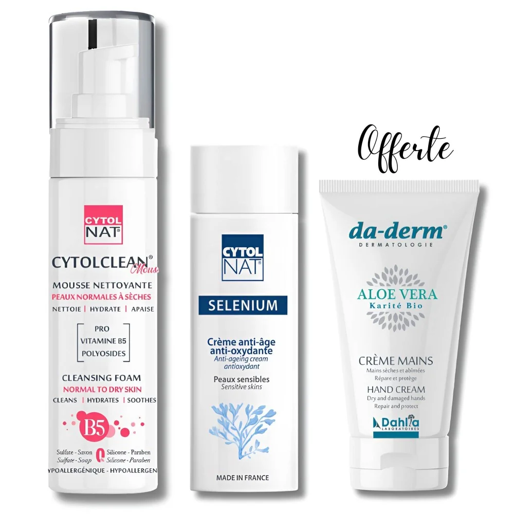 CYTOLNAT - MOUSSE NETTOYANTE PEAUX NORMALES A SECHES + SELENIUM CREME ANTI AGE + DADERM CREME MAINS OFFERTE