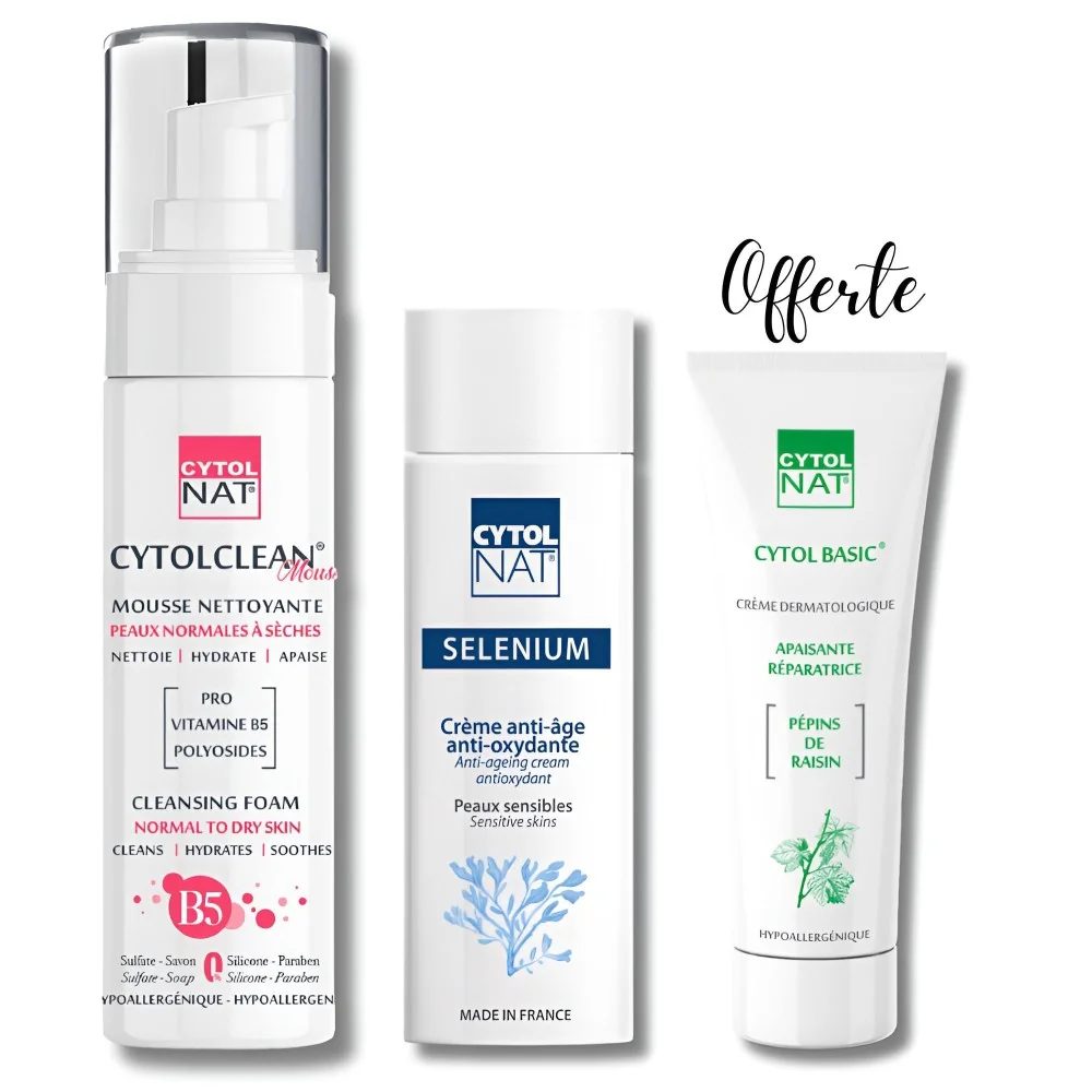 CYTOLNAT - MOUSSE NETTOYANTE PEAUX NORMALES A SECHES + SELENIUM CREME ANTI AGE + CYTOL BASIC CREME REPARATRICE 50ML OFFERTE