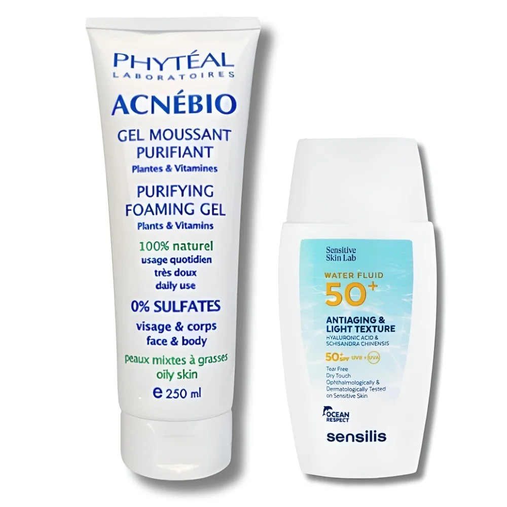PACK - PHYTEAL ACNEBIO GEL MOUSSANT PEAUX MIXTES A GRASSES + SENSILIS XATER FLUID ECRAN INVISIBLE SPF50+