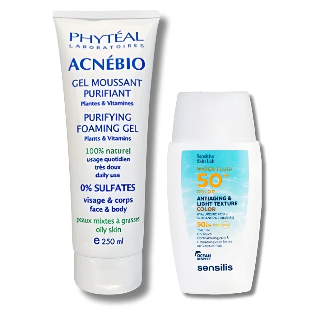 PACK - PHYTEAL ACNEBIO GEL MOUSSANT PEAUX MIXTES A GRASSES + SENSILIS WATER FLUID ECRAN COLOR SPF50+