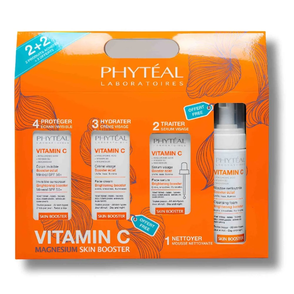 PHYTEAL SKIN BOOSTER - COFFRET ECRAN INVISIBLE MINERAL SPF50+ +SERUM VISAGE + MOUSSE NETTOYANTE ET CREME OFFERTES
