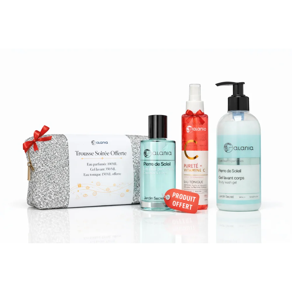 ALANIA PIERRE DE SOLEIL - GEL LAVANT CORPS 350ML+EAU PARFUMEE 100 ML+EAU TONIQUE 150ML ET TROUSSE OFFERTES