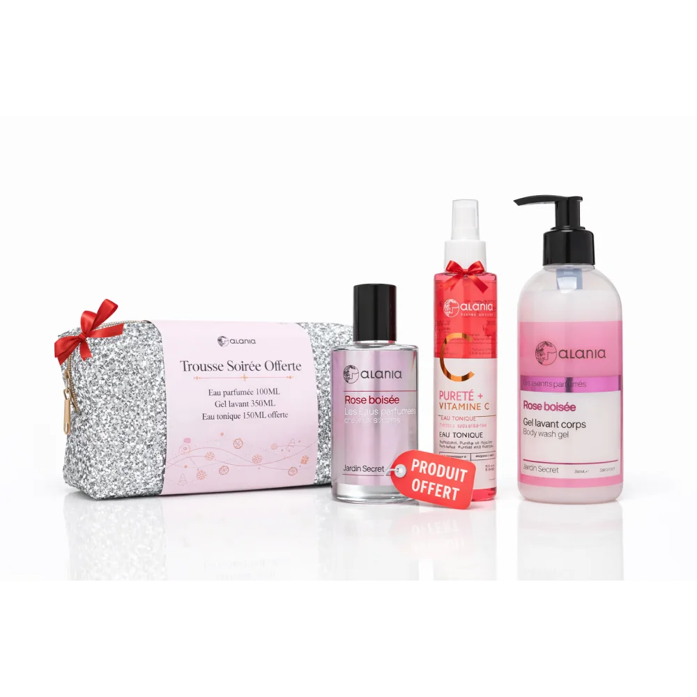 ALANIA ROSE BOISEE - GEL LAVANT CORPS 350ML+EAU PARFUMEE 100 ML+EAU TONIQUE 150ML ET TROUSSE OFFERTES