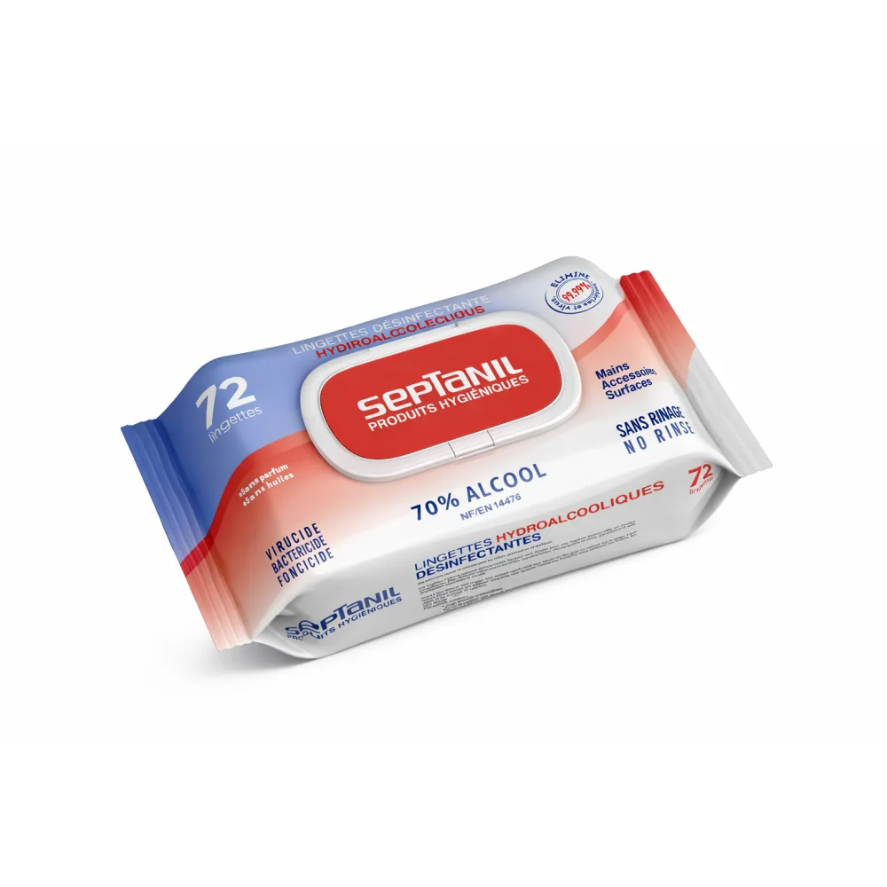 SEPTANIL - LINGETTES DESINFECTANTES SOLUTION HYDROALCOOLIQUE 72 LINGETTES
