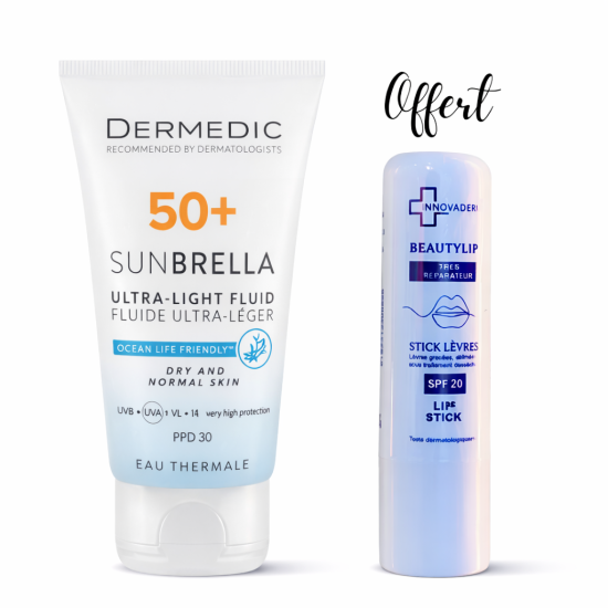 PACK - DERMEDIC ECRAN INVISIBLE SPF50+ PEAUX GRASSE OU SECHES + INNOVADERM STICK A LEVRES SPF20