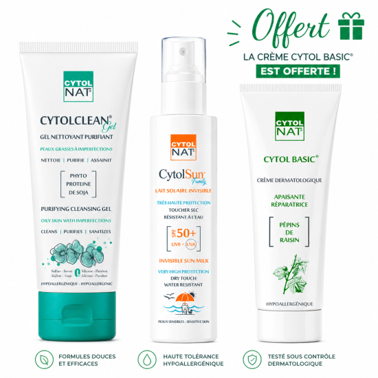 CYTOL PACK: GEL NETTOYANT PEAUX MIXTES A GRASSES + LAIT SOLAIRE SPF50+ + CYTOL BASIC CREME 100ML OFFERTE