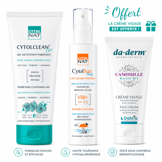 CYTOL PACK: GEL NETTOYANT PEAUX MIXTES A GRASSES + LAIT SOLAIRE SPF50+ + DADERM CREME HYDRATANTE VISAGE