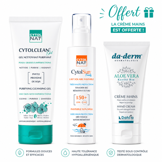 CYTOLNAT PACK : GEL NETTOYANT PEAUX MIXTES A GRASSES + LAIT SOLAIRE SPF 50+ + DADERM CREME MAINS OFFERTE