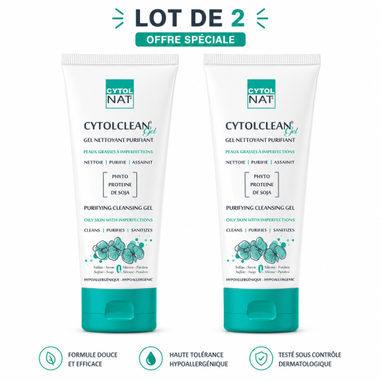 CYTOLNAT CYTOLCLEAN LOT DE 2 GELS NETTOYANTS PURIFIANTS PEAUX MIXTES A GRASSES ANTI IMPERFECTIONS