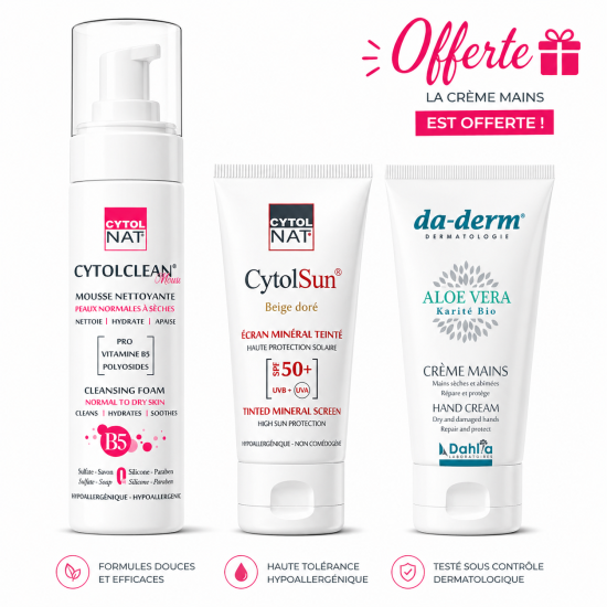 CYTOLNAT ECRAN SOLAIRE TEINTE BEIGE DORE SPF50+ + MOUSSE NETTOYANTE PEAUX NORMALES A SECHES +DADERM CREME MAINS OFFERTE