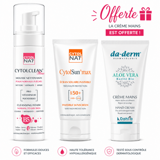CYTOLNAT ECRAN SOLAIRE INVISIBLE SPF50+ + MOUSSE NETTOYANTE PEAUX NORMALES A SECHES + DADERM CREME MAINS OFFERTE