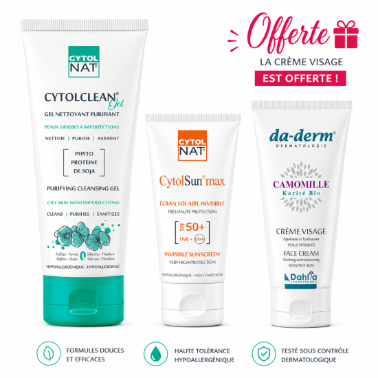 CYTOLNAT PACK : ECRAN SOLAIRE INVISIBLE SPG50+ +GEL NETTOYANT PEAUX MIXTES A GRASSES + CREME HYDRATANTE VISAGE OFFERTE