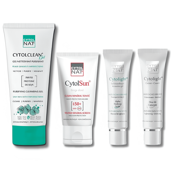 CYTOLNAT PACK : GEL NETTOYANT PURIFIANT + ECRAN TEINTE BEIGE DORE + GEL ANTI TACHES + CREME ANTI TACHES