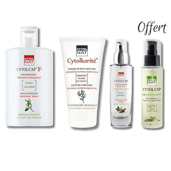 CYTOLNAT COFFRET : SHAMPOING FORTIFIANT + MASQUE REPARATEUR + SERUM REPARATEUR + BAIN D'HUILE REVITALISANT OFFERT
