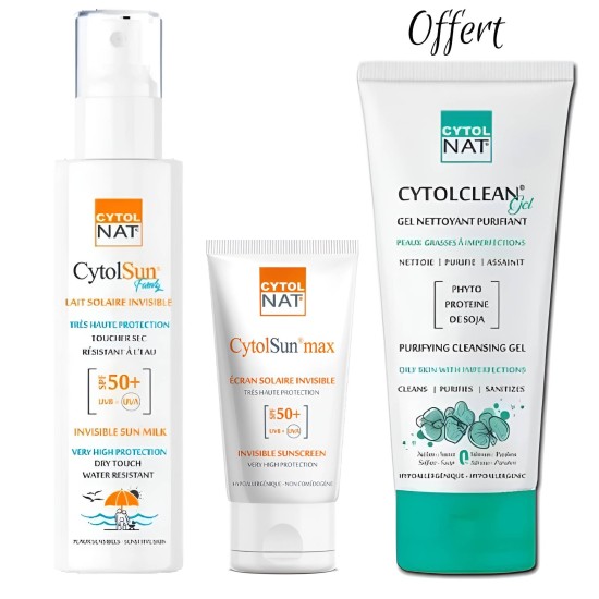 CYTOLNAT PACK SPRAY SOLAIRE SPF50+ + ECRAN SOLAIRE INVISIBLE SPF50+ + GEL NETTOYANT OFFERT