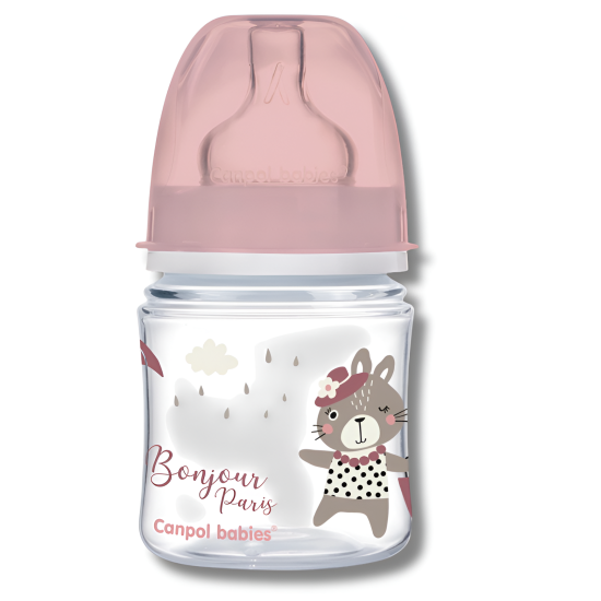 CANPOL BABIES BIBERON ANTI COLIQUE COL LARGE +0MOIS 120ML BONJOUR PARIS ROSE 35/231