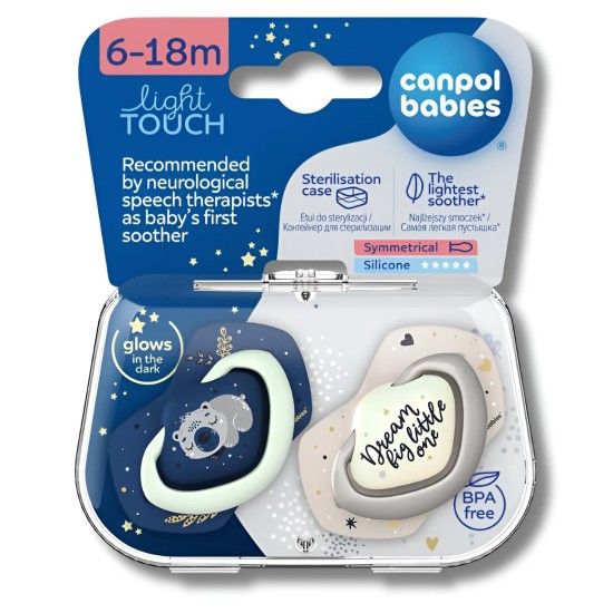 CANPOL BABIES LOT DE 2 SUCETTES LIGHT TOUCH 6-18MOIS SYMÉTRIQUE BRILLE DANS LE NOIR SLEEPY KOALA BLEU 22/659