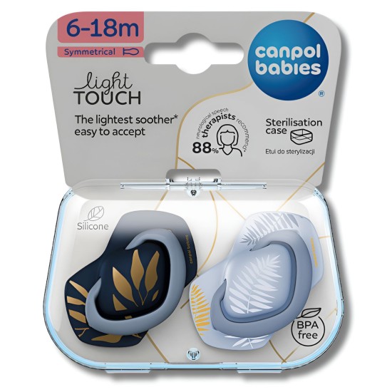 CANPOL BABIES LOT DE 2 SUCETTES UNIVERSELLE 6-18MOIS LIGHT TOUCH BLEU 22/665