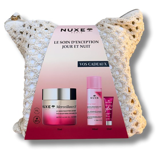 NUXE MERVEILLANCE LIFT SOIN JOUR ET NUIT 75ML + VERY ROSE EAU MICELLAIRE 100ML, CREME BONNE MINE 15ML ET TROUSSE OFFERTS