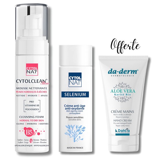 CYTOLNAT MOUSSE NETTOYANTE PEAUX NORMALES A SECHES + SELENIUM CREME ANTI AGE + DADERM CREME MAINS OFFERTE