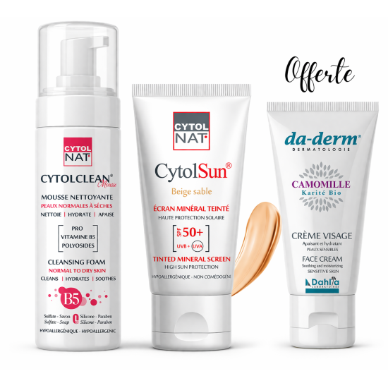 CYTOLNAT MOUSSE NETTOYANTE PEAUX NORMALES A SECHES + ECRAN TEINTE BEIGE SABLE SPF50+ + DADERM CREME MAINS OFFERTE